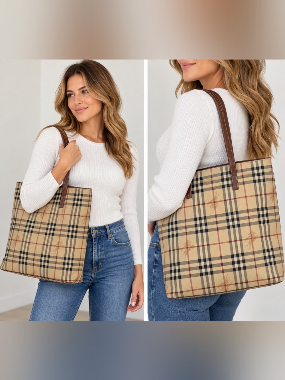 Vintage Burberry Haymarket Nova Check Coated Canvas Leather Trim Shopper Tote